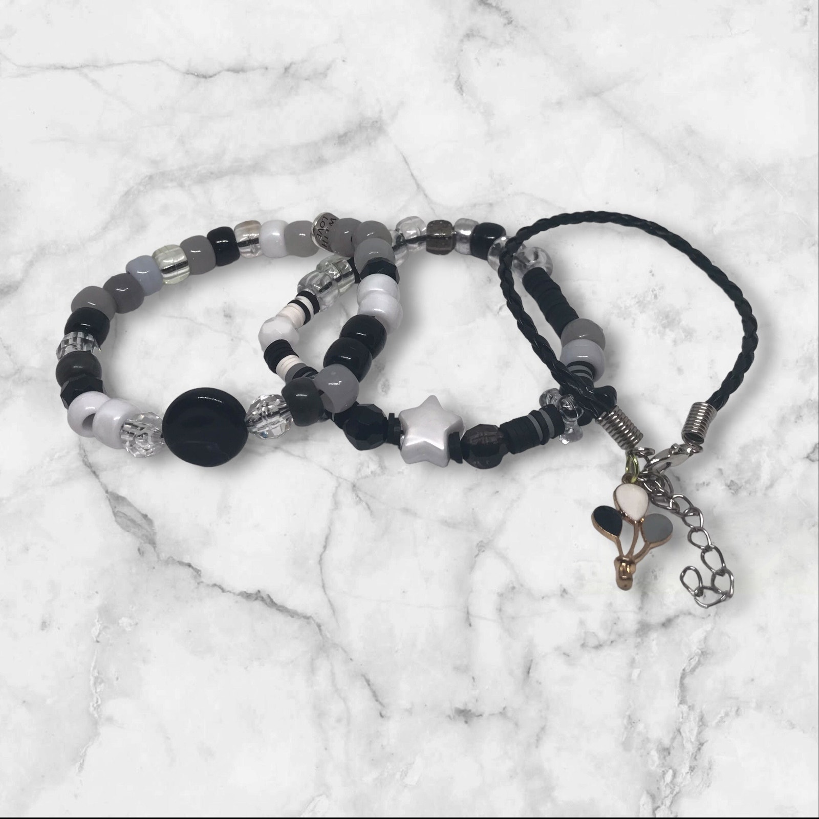 Black, White, Grey Stretch & Leather Heishi Beads Handmade Bracelet Set Cute